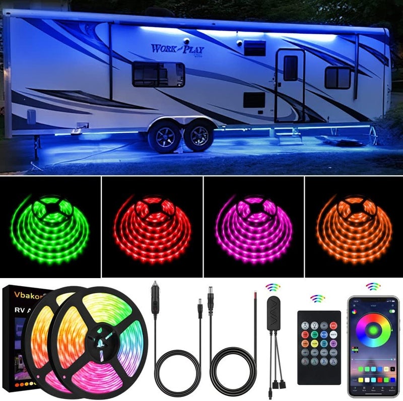 Vbakor RV Awning Lights, 33FT RV Underglow Led Lights Kit, 12V Multi-Color Exterior Neon Accent Underbody Strip Lights for Camper Motorhome with Extension Cable, Music Sync, Waterproof - Image 1